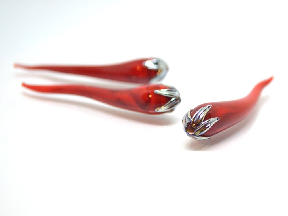 Red chili peppers, Lampwork chili beads, Red silver beads, Half-drilled beads, Vegetable beads, Farm beads