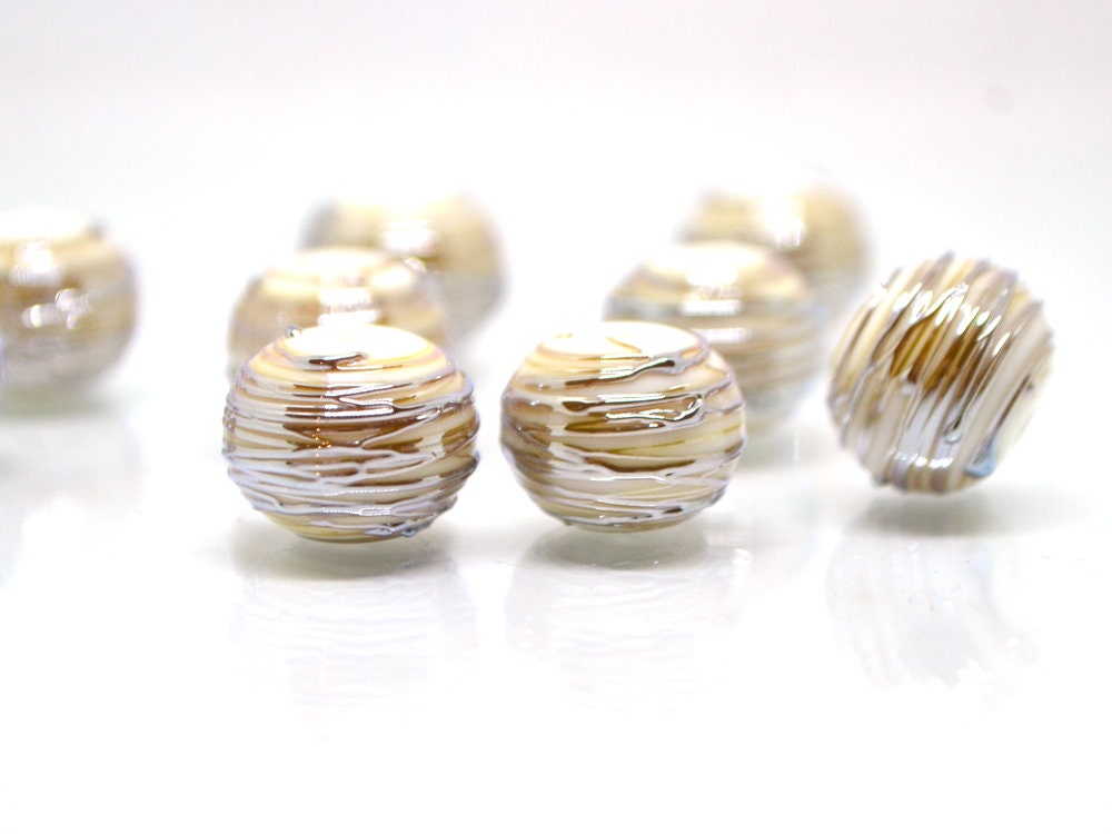 White and gold lampwork glass Beads, Stripes beads, Silver Stains beads, electric beads, Artisan lampwork, Handmade glass beads, beige beads