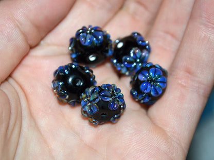 Dark lavender flower beads, Rondelle flower beads, Black blue glass beads, Spacer flower beads, Rondelle lampwork, Rondelle spacer bead