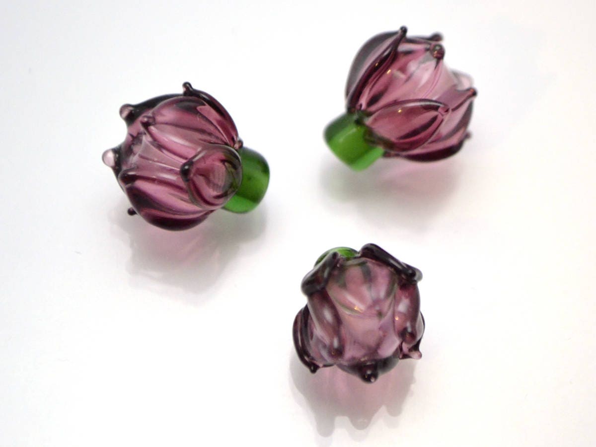 purple flower lampwork glass bud beads floral jewelry making set artisan lampwork earrings necklace violet amethyst transparent green