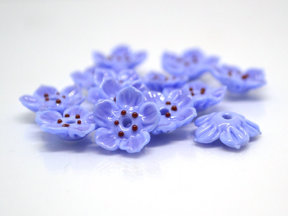 Lampwork blue purple flower beads for jewelry making, Cornflower blue glass beads, Lavender blossom beads, Artisan lampwork, Floral Beadwork