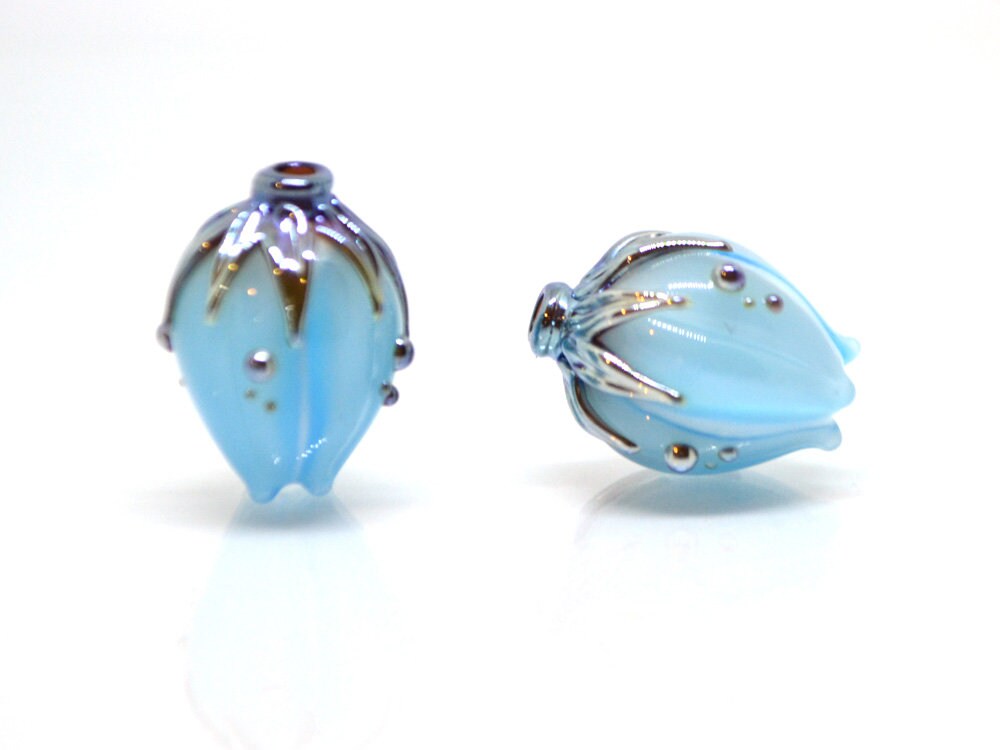 Handmade glass sky blue flower beads|Light Blue Silver|Glass pendant|Flower bud bead|Floral lampwork|Something blue|Wedding jewelry making