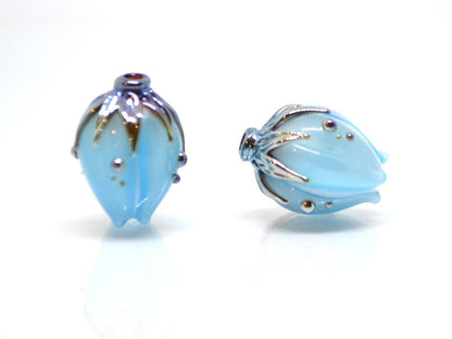 Handmade glass sky blue flower beads|Light Blue Silver|Glass pendant|Flower bud bead|Floral lampwork|Something blue|Wedding jewelry making