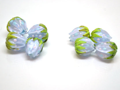 Pastel blue flower beads with colorful dots, Floral glass beads with green leaves, 12mm flower beads, Easter, Artisan lampwork
