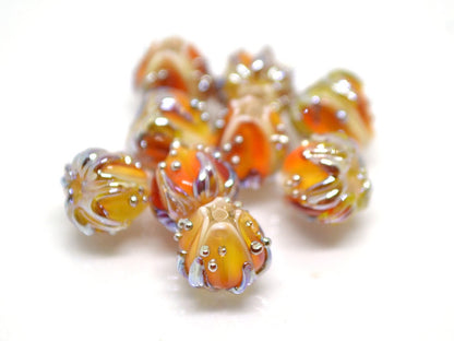 Tiny orange flower beads with gold leaves, Small glass beads, 7mm flower beads, beads for jewelry, Artisan lampwork