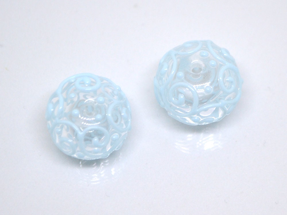 Clear hollow glass beads with blue curls, Artisan lampwork beads, Winter glass beads, Snow design beads, Snow jewelry making