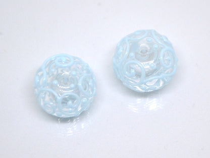 Clear hollow glass beads with blue curls, Artisan lampwork beads, Winter glass beads, Snow design beads, Snow jewelry making