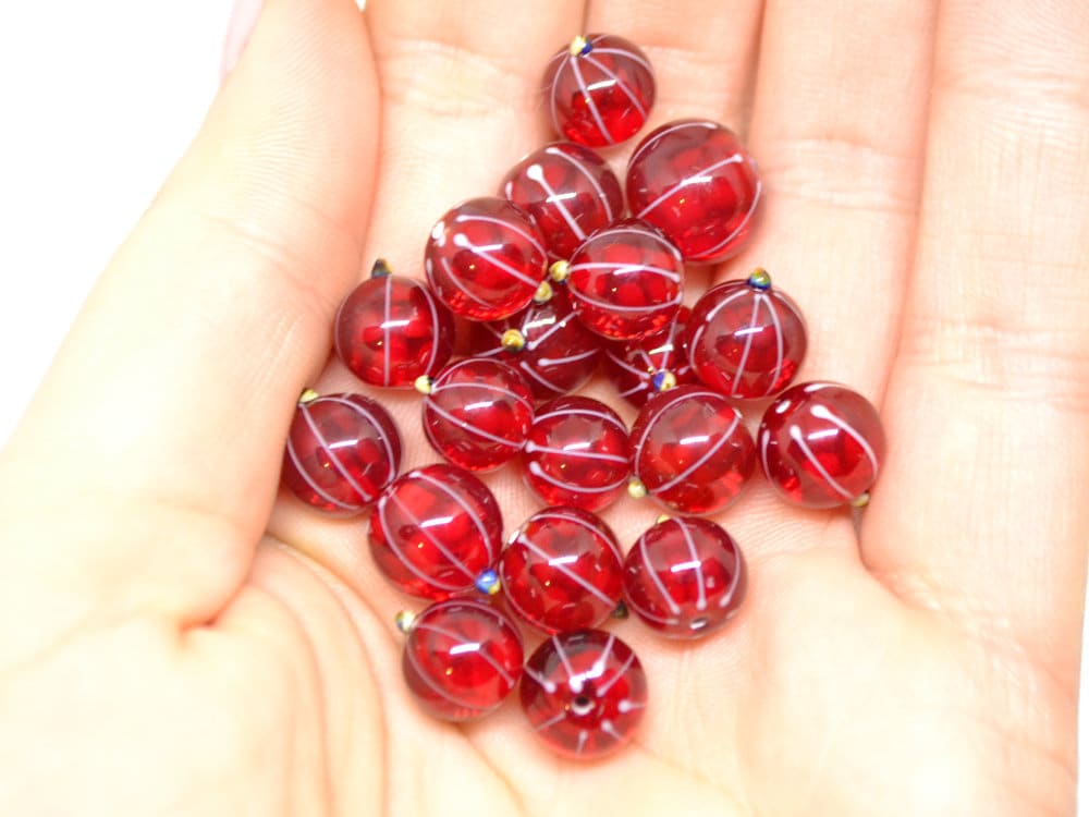 Lampwork Red currant beads, Gloss glass berries, Lampwork berry, Glass Redcurrant, Red berries white stripes, half-drilled beads