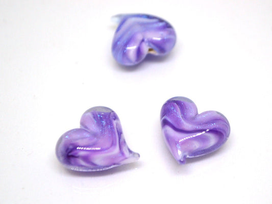 Purple sparkle heart beads, Lavender glass bead, Sparkling Lampwork Heart shape bead, Handmade Glass Heart charm beads, Half-drilled beads