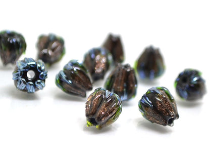 Aventurine glass beads, 10mm flower beads, Gold sand glass bead, Brown Floral lampwork, Sparkle flower bead, Floral theme beads Fall jewelry