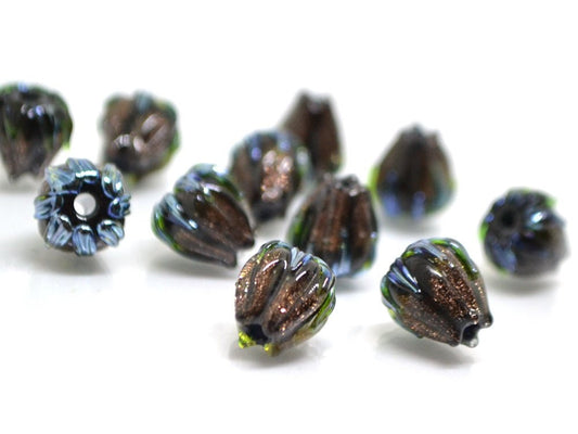 Aventurine glass beads, 10mm flower beads, Gold sand glass bead, Brown Floral lampwork, Sparkle flower bead, Floral theme beads Fall jewelry