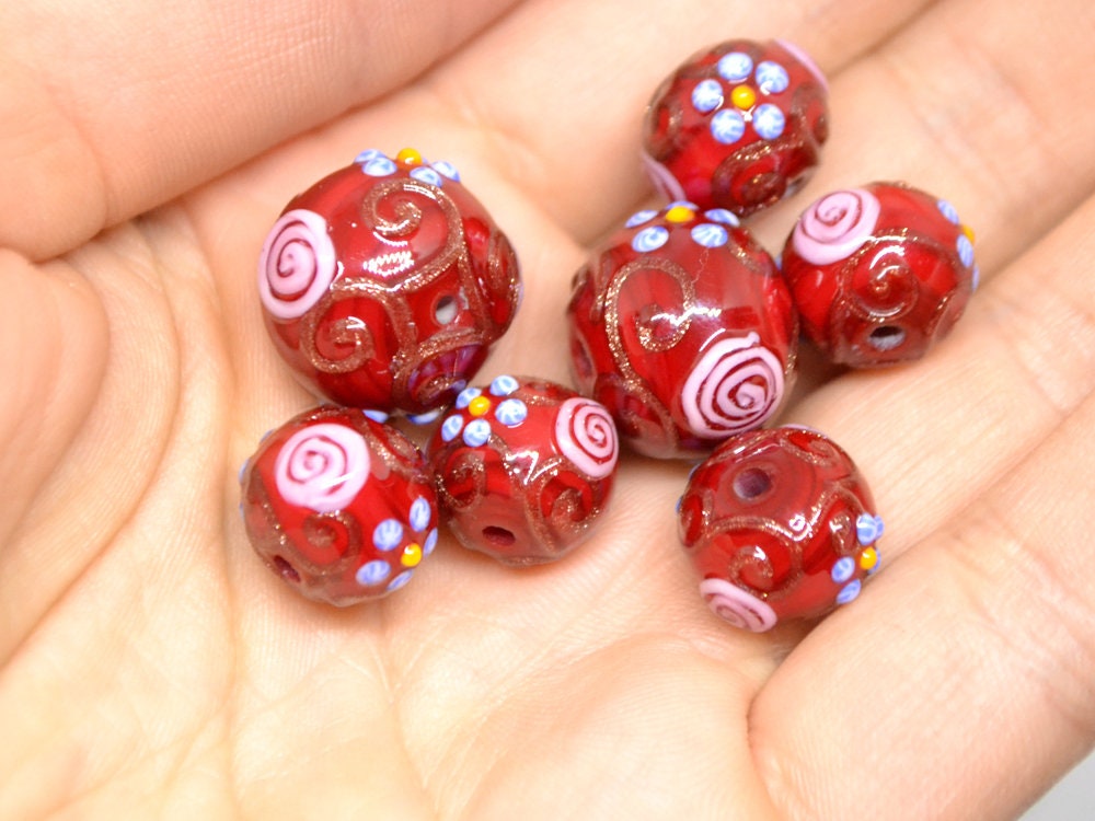Murano glass red beads with blue pink flowers, Italian glass beads, Red glass beads, Venetian glass, Unusual beads, Bordeaux, vintage bead