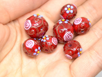Murano glass red beads with blue pink flowers, Italian glass beads, Red glass beads, Venetian glass, Unusual beads, Bordeaux, vintage bead