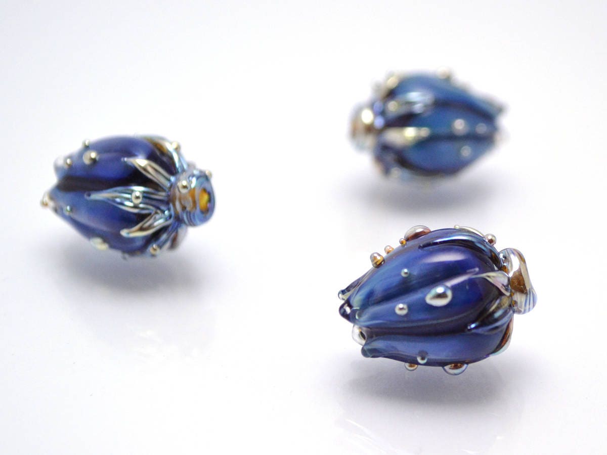 Floral Pendant Focal Flower beads Artisan lampwork Glass Beads Handmade flower Glass flower beads Space Lampwork Blue beads Bud beads