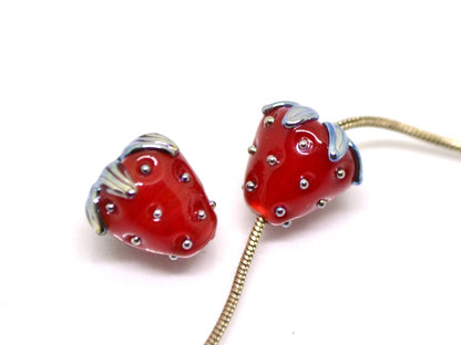 Big 12mm Strawberry lampwork beads, Red glass berry, Glass strawberry, Berry fruit beads, Red silver berry beads