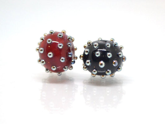 Red black handmade glass beads with silver dots, Artisan lampwork, Beads for bracelet, beads pimples