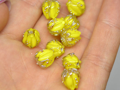 Yellow flower bead, 10mm flower bead, Yellow flower spacer, Sunshine yellow floral beads, Yellow glass flower, Bright yellow beads, Lampwork