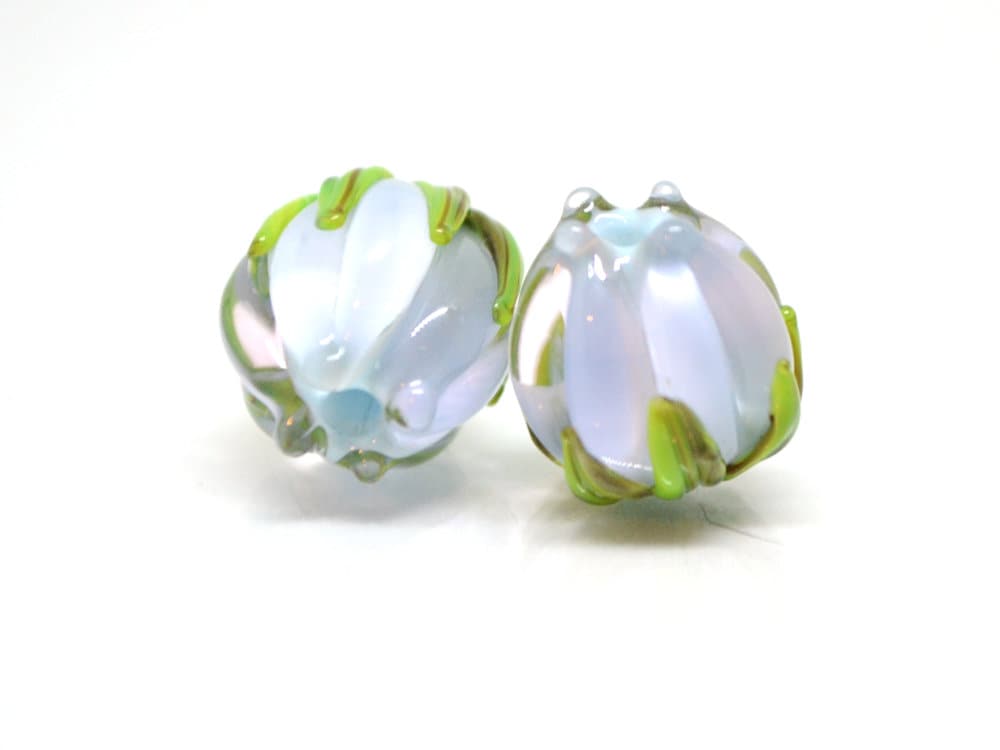 Pale blue and pink flower beads, Pastel Floral glass beads with green leaves, 12mm flower beads, Easter, Artisan lampwork