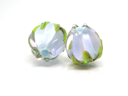 Pale blue and pink flower beads, Pastel Floral glass beads with green leaves, 12mm flower beads, Easter, Artisan lampwork