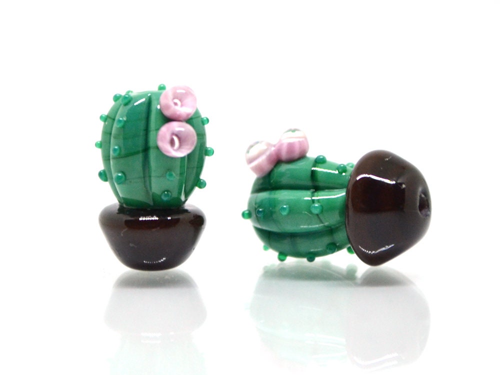 Glass cactus beads with pink flower, Dessert plants, Cactus flower in a pot pendant, Succulent beads