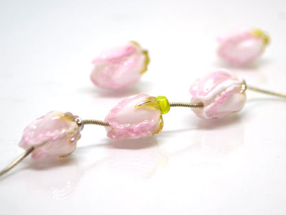 White pink flower lampwork bud beads, Handmade lampwork, Floral lampwork, Made to Order