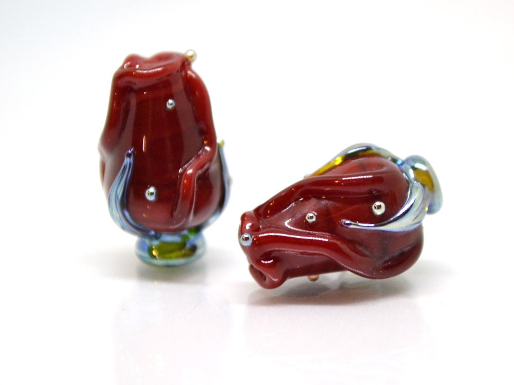 Red bud rose beads, Lampwork Glass Rose Bud Bead, Flower lampwork bead, Focal lampwork beads