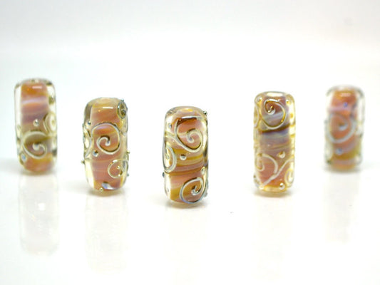 Glass handmade pink gold tube beads with gold curles, Cylinder beads, Artisan Lampwork, puffy beads, beige glass beads, Tube beads, Bead set