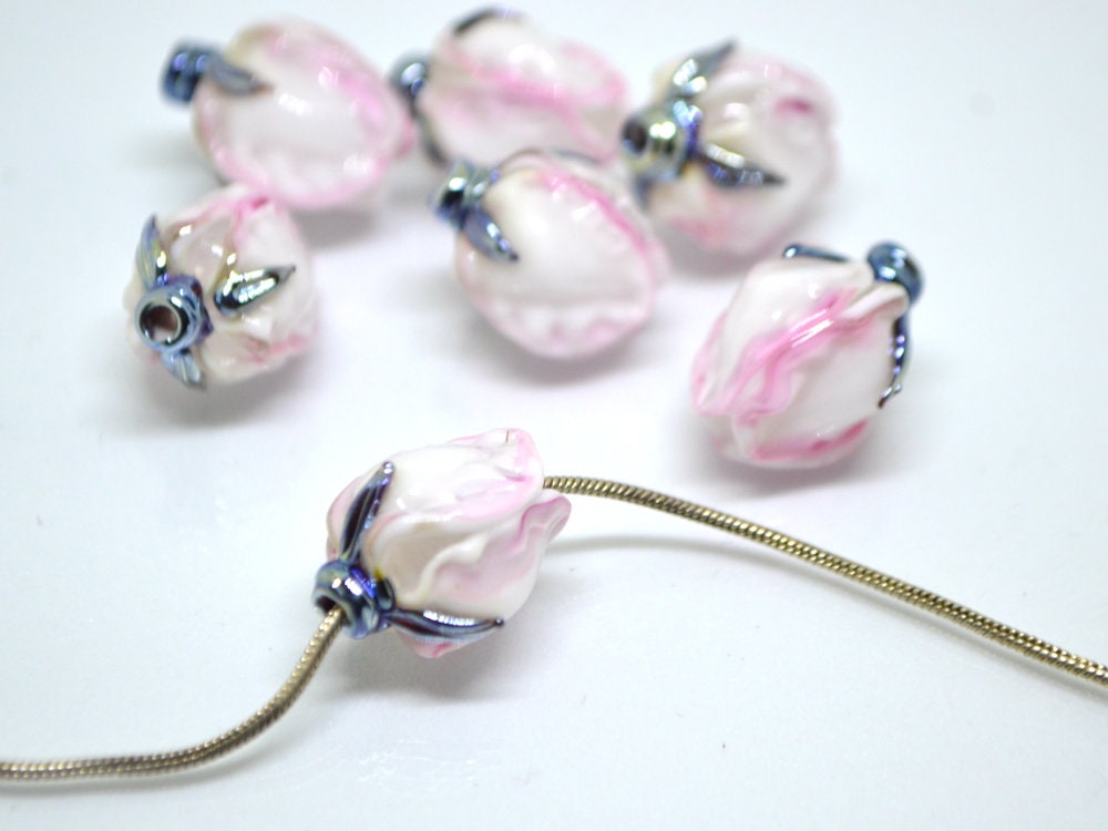 Tender pink flower beads, Lampwork floral beads, Glass flower beads, Pink silver floral beads, Artisan lampwork, Flower earrings DIY