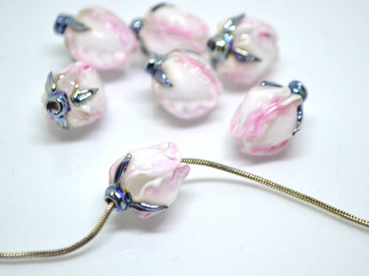 Tender pink flower beads, Lampwork floral beads, Glass flower beads, Pink silver floral beads, Artisan lampwork, Flower earrings DIY