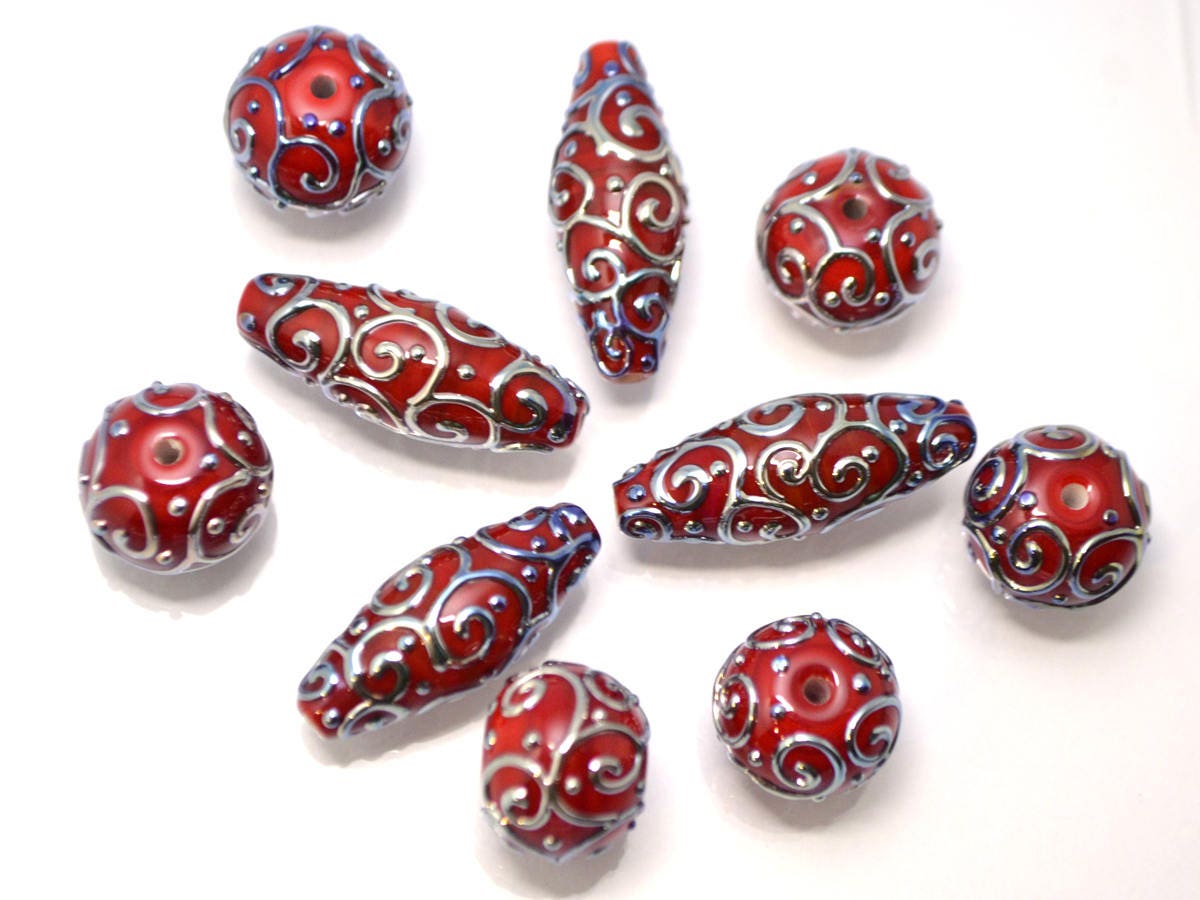 red silver lampwork beads artisan lampwork lampwork beads set rhombus oval textured mirror beads jewelry making bright deep red silver glass