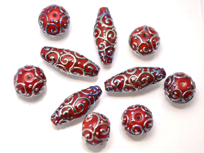 red silver lampwork beads artisan lampwork lampwork beads set rhombus oval textured mirror beads jewelry making bright deep red silver glass