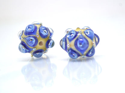 Blue beige handmade glass bead, 15 mm glass beads, Deep blue lampwork, Artisan lampwork, Beads for necklaces, Jewelry beads