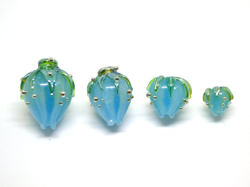 Powder blue glass beads, Handmade glass beads, Lampwork flower beads, Light Blue beads, Pale blue beads, Blue jewelry making,Blue flower bud