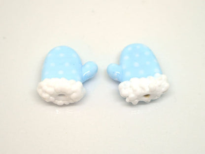 Blue glass mitten bead, Lampwork mitten bead, Vertically Drilled Blue with White Polka Dots, Christmas lampwork