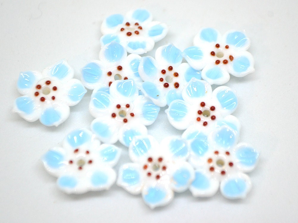 White blue glass flower beads, Blue floral lampwork, Glass blossom beads, Artisan lampwork bead, Jewelry beads, 3d Embroidery beads