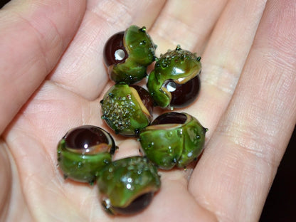 Lampwork chestnut beads, Handmade lampwork bead, Forrest glass beads, Green brown glass beads, Berry beads, Food glass bead,Artisan lampwork
