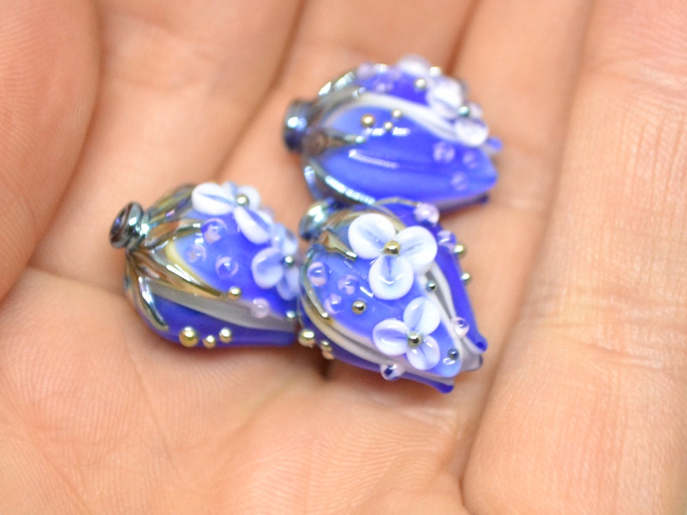 Cobalt flower bouquet lampwork beads, Sapphire lampwork beads, Artisan lampwork, 3d flower beads
