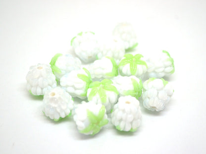 White lampwork raspberry, White glass berries, Berry jewelry making, Lampwork raspberries, Berry fruit beads, White Raspberry green leaf