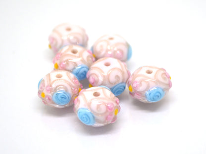 white murano glass lampwork, ethnic beads with flowers and curles, jewelry making venetian italian handmade beads