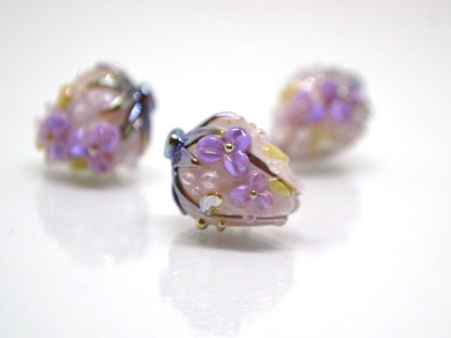 Pale purple flower bouquet lampwork beads, Light purple green mint lampwork beads, Artisan lampwork