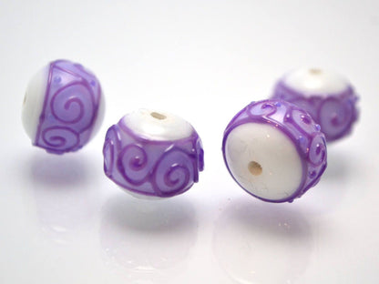 white purple lampwork glass rondelle bead handmade artisan lampwork bead set jewelry making earrings violet curl texture swirl carved beads