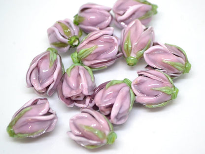 Lampwork Magnolia, Glass flower beads, Lilac glass floral beads, Artisan lampwork, Pastel pink bead, Focal glass beads, Handmade lampwork