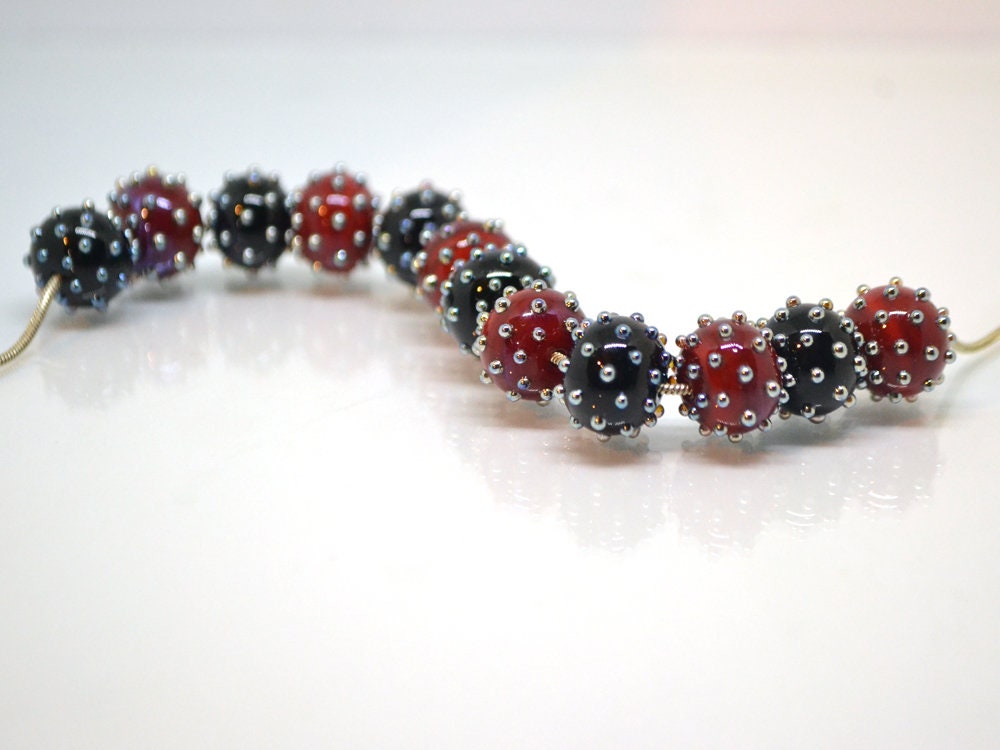 Red black handmade glass beads with silver dots, Artisan lampwork, Beads for bracelet, beads pimples