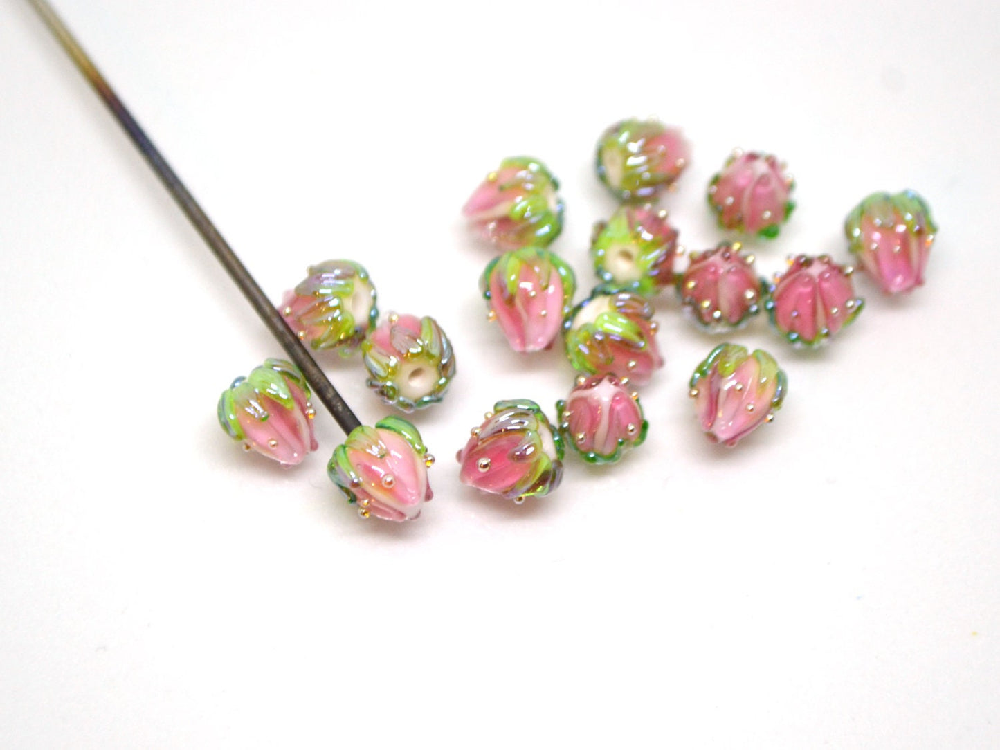 Light pink flower beads with green leaves, Tiny glass beads, through hole, 7mm flower beads, Artisan lampwork,