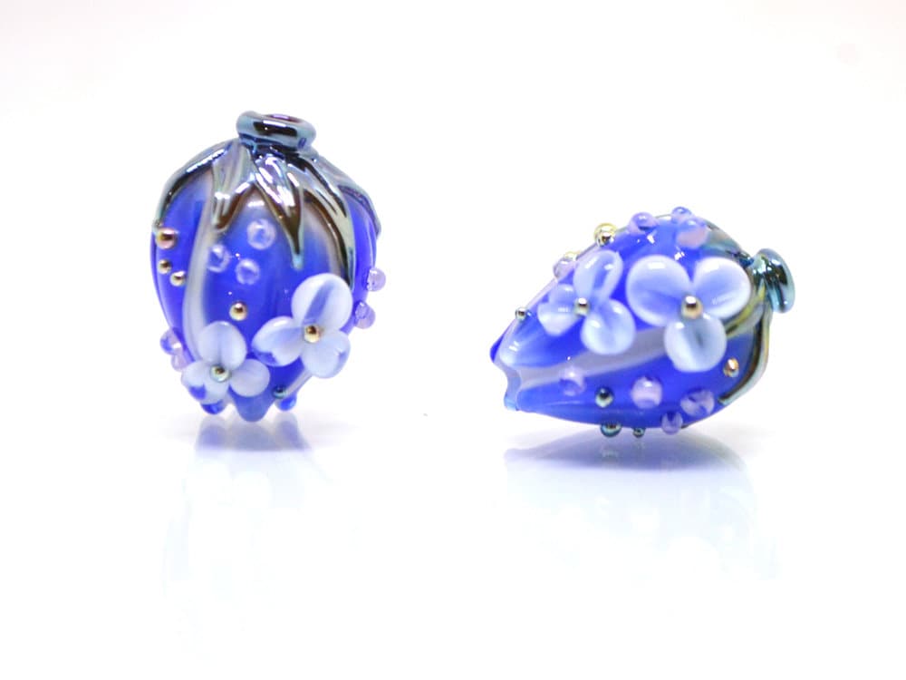Cobalt flower bouquet lampwork beads, Sapphire lampwork beads, Artisan lampwork, 3d flower beads