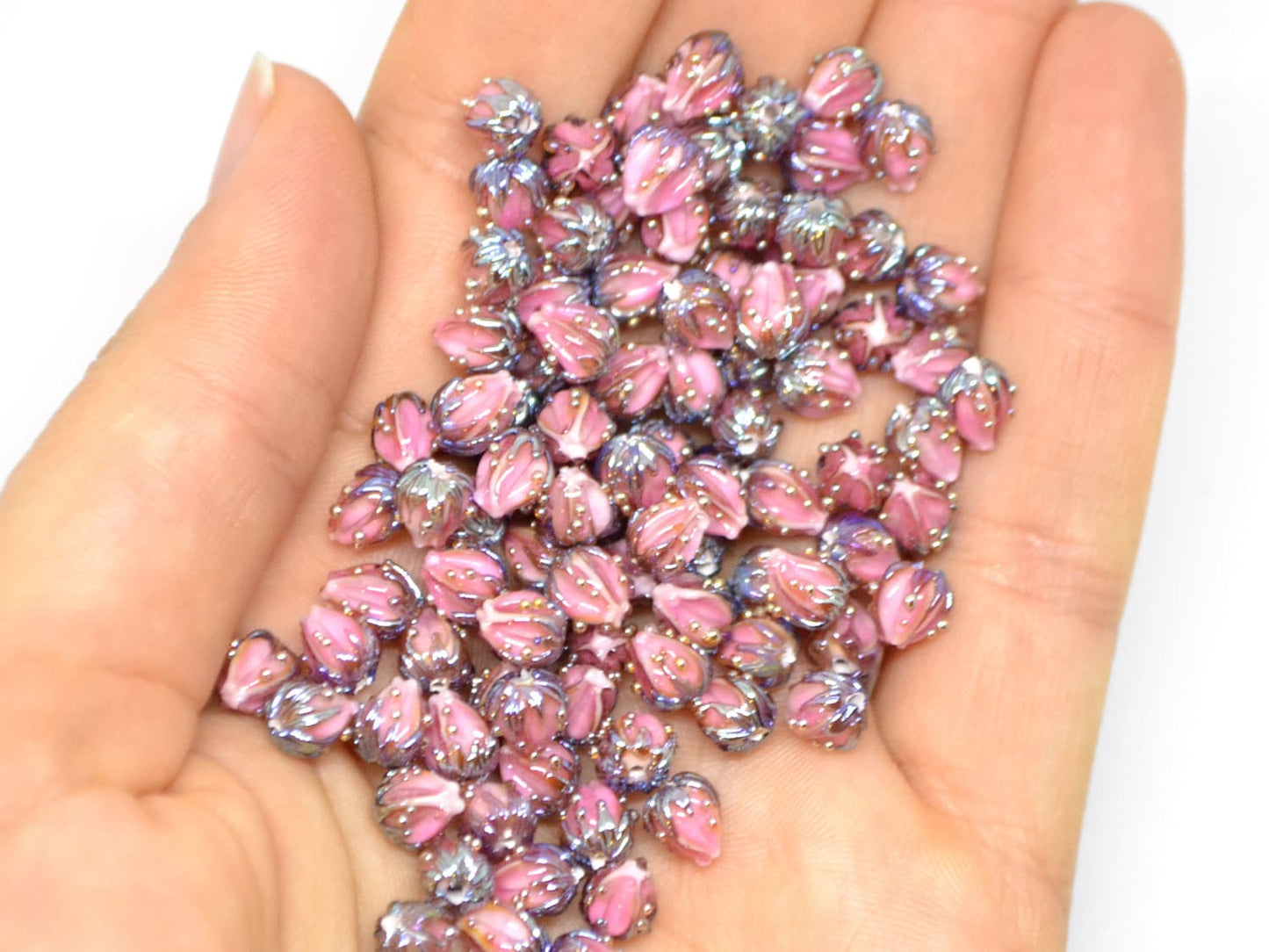 Blush pink flower beads, 7mm glass beads, Tiny flower beads,  Half drilled beads, Soft pink flower beads