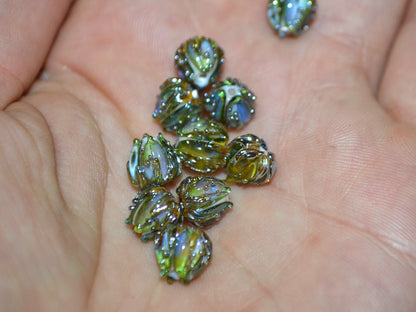 Olive gold flower beads, 7mm glass beads, Small flower beads, Tea green floral beads, Tiny flower beads