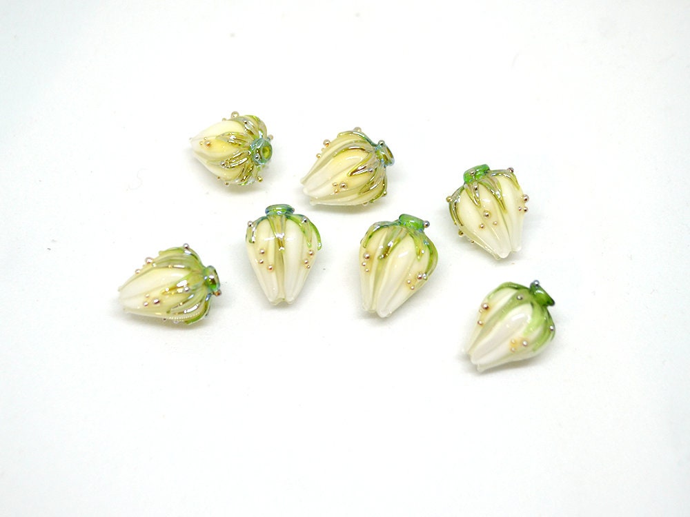 White flower beads with green leaves, Wedding jewelry making, Artisan Lampwork, DIY Earrings, Floral lampwork, Bridal jewelry making