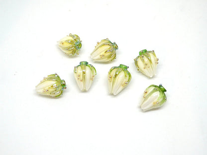 White flower beads with green leaves, Wedding jewelry making, Artisan Lampwork, DIY Earrings, Floral lampwork, Bridal jewelry making