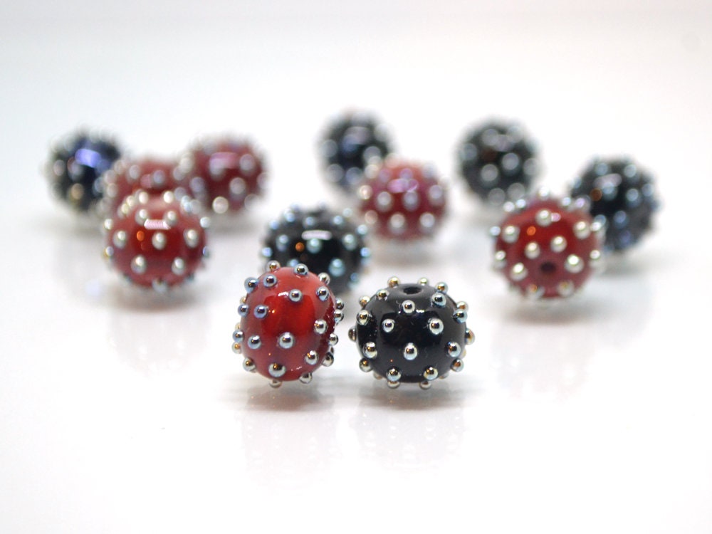 Red black handmade glass beads with silver dots, Artisan lampwork, Beads for bracelet, beads pimples